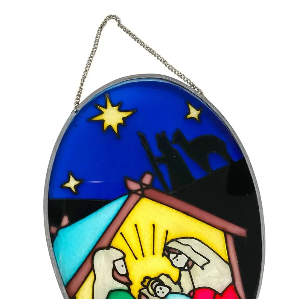 Stained Glass Nativity Set Wall Decor Baby Jesus in Manger Joseph Mary Holy